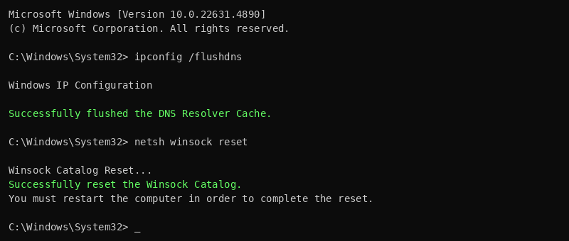 Windows Command Prompt running ipconfig flushdns and netsh winsock reset to fix Marvel Rivals connection