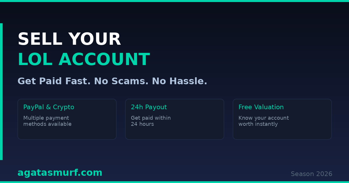 Sell LoL account banner showing PayPal and crypto payment options on agatasmurf.com in 2026