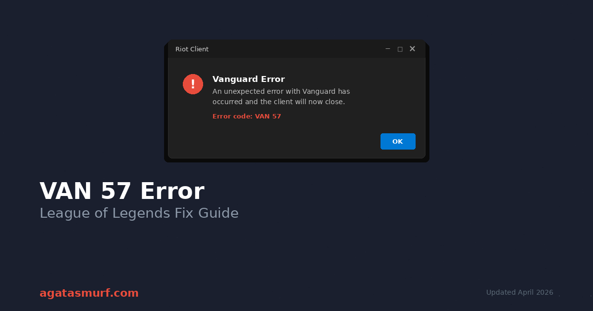 VAN 57 error message in League of Legends with fix guide title and agatasmurf.com branding